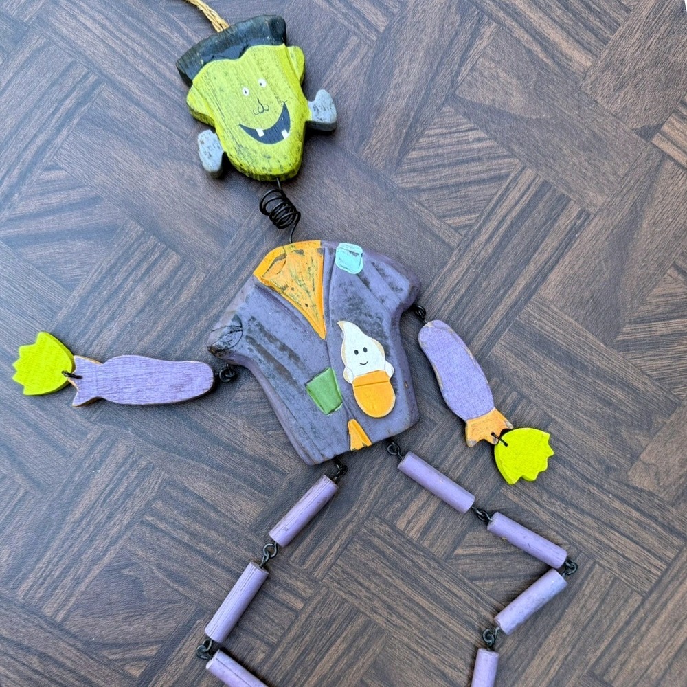 Vintage Wooden Frankenstein Halloween Hanging Decoration Articulated Folk Art